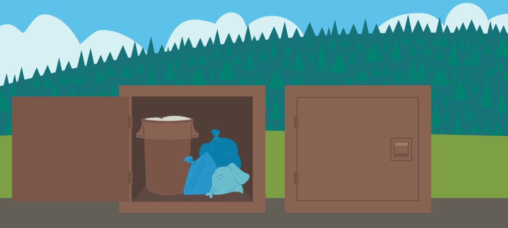bear shed with trash can and blue bags inside and bear shed with door properly shut