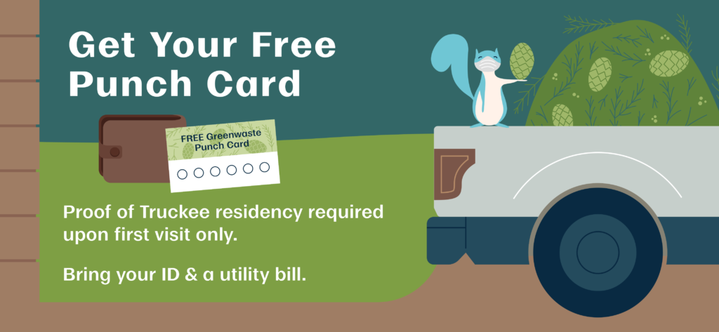 punch card for green waste in front of wallet and a pick-up truck full of pine needles