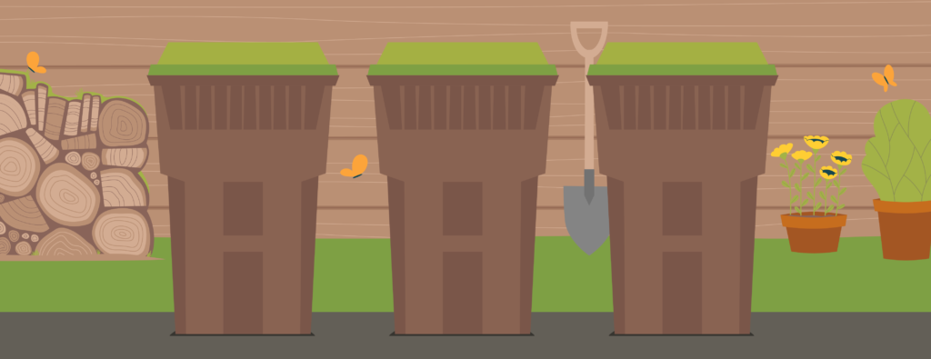 Three green lidded yard waste containers in front of garden