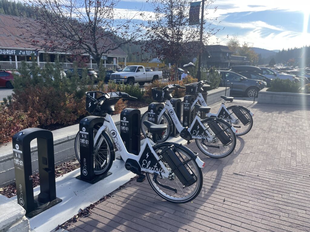 BCycle e-bikes in docking station in downtown Truckee
