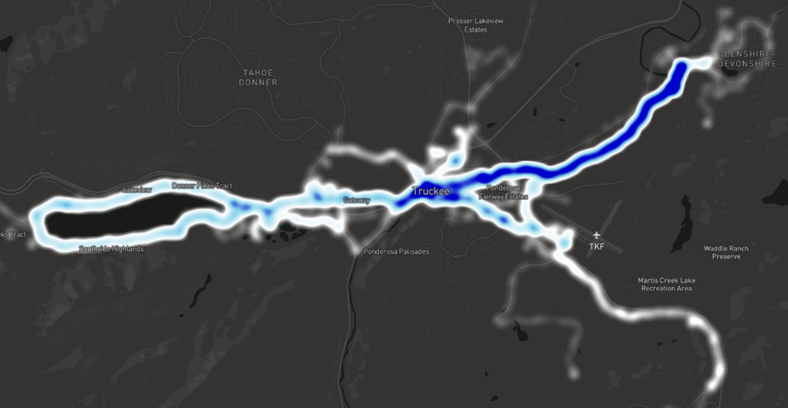 Heat map of BCycle rides throughout Truckee, with a high concentration in downtown and Glenshire