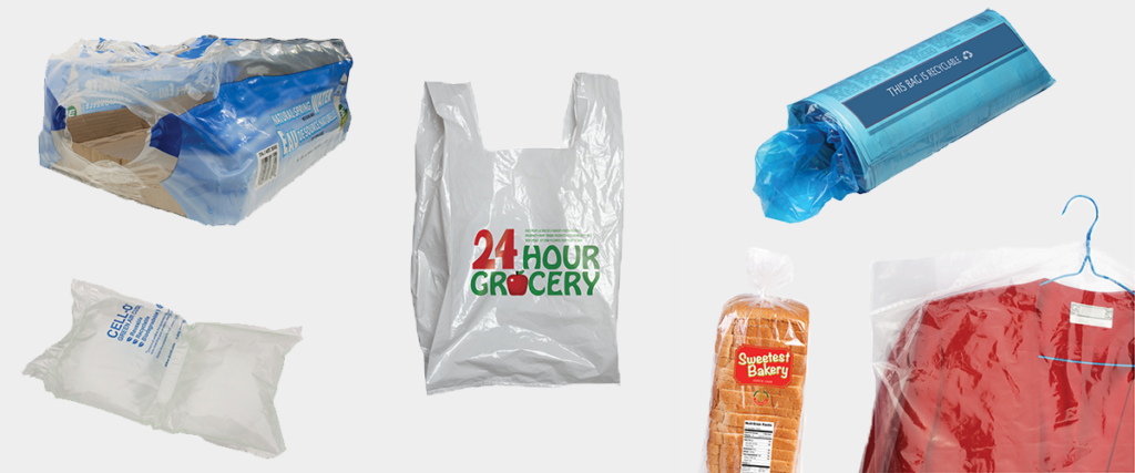photo of plastic grocery bag, packing bubble, packaging film, bread bag, newspaper bag, and dry cleaning bag