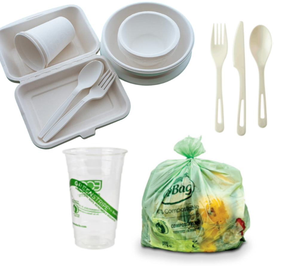 photo of fiber-based takeout containers, bowls, bio-plastic utensils, cup, and bag