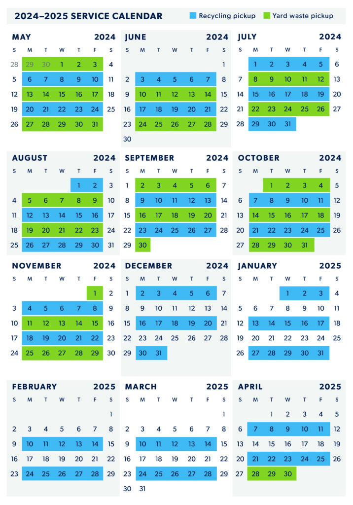 calendar for May 2024-APril 2025 with alternating green and blue weeks for recycle and yard waste cart collection