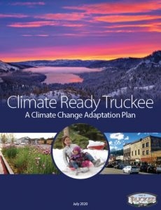 Report title page that reads "Climate Ready Truckee: A Climate Adaptation Plan" with photos of Donner Lake and a purple and orange sky, a woman and child sledding, downtown Truckee buildings, and grassy plants