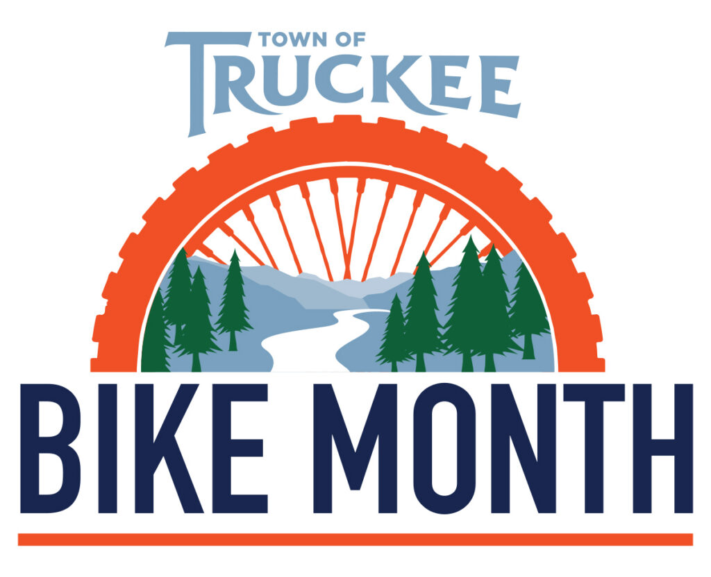 Logo for Town of Truckee Bike Month showcasing a bike tire and spokes, and the Truckee River and trees