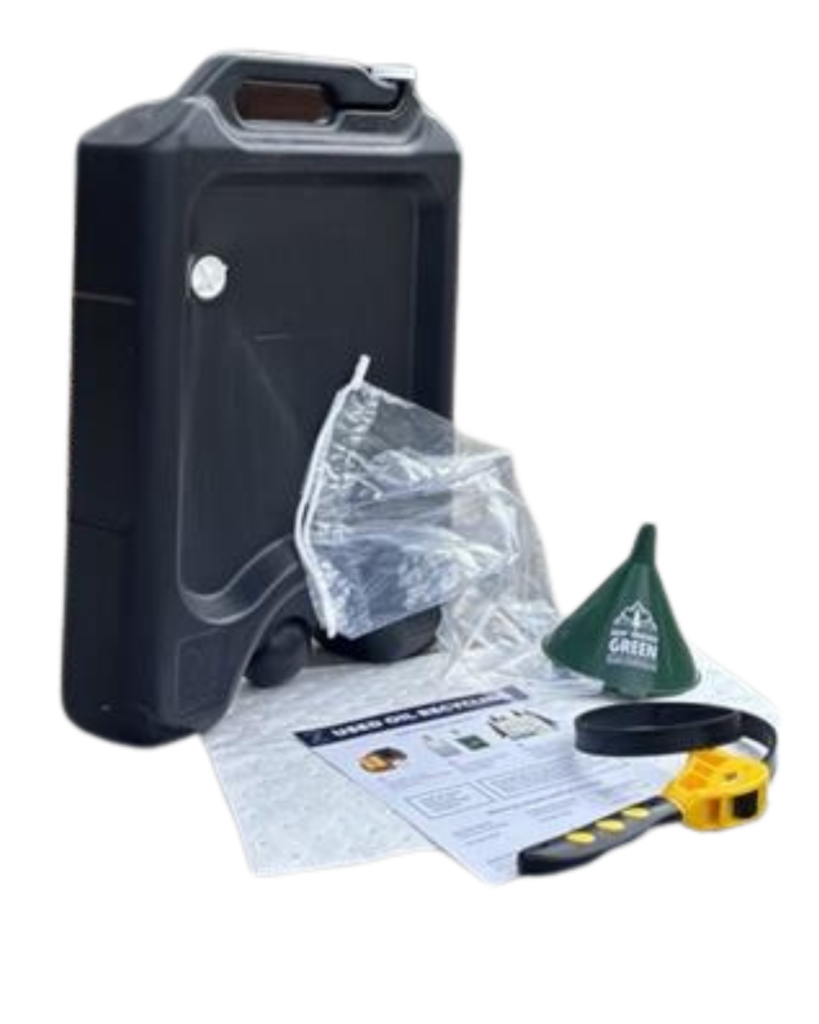 Photo of an empty oil container, plastic bag, funnel, oil only absorbent pad, flyer and oil filter wrench.